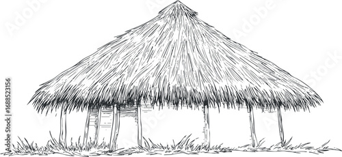 Hand-drawn black and white sketch of a traditional thatched grass hut with wooden supports in a rural setting