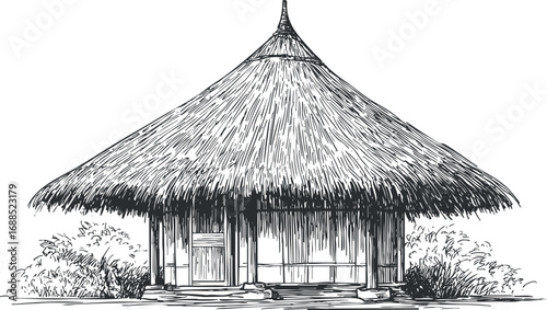 Black and white sketch of a traditional thatched roof hut surrounded by plants and foliage