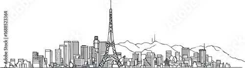 Black and white line art of a city skyline featuring a prominent tower and surrounding buildings with mountains in the background