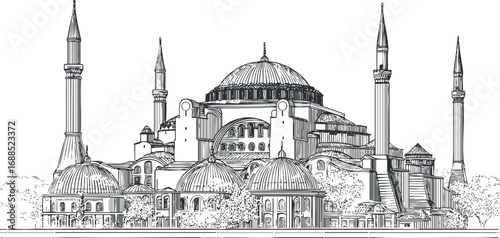 Detailed black and white drawing of an iconic historic mosque with domes and tall minarets.