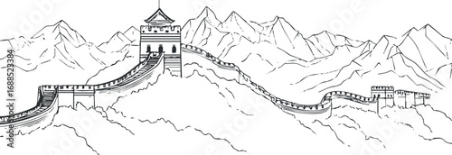 Black and white line drawing of the Great Wall of China winding through mountainous landscape with watchtowers