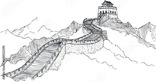 Black and white line drawing of the Great Wall of China winding over mountainous terrain with a watchtower