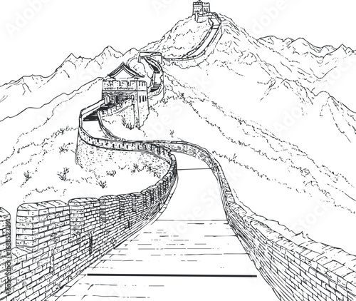 Black and white drawing of the Great Wall of China winding over mountains with historic stone architecture