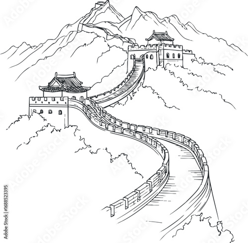 Black and white line drawing of the Great Wall of China winding through mountainous landscape with watchtowers.