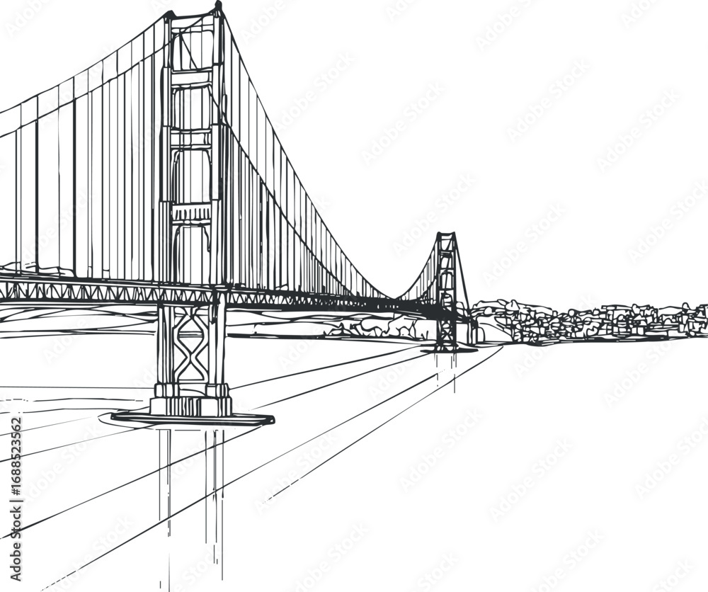 Fototapeta premium Black and white sketch of a suspension bridge with towers and cables over a body of water near a city skyline