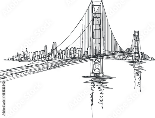 Black and white sketch of a suspension bridge spanning a river with a city skyline in the background and reflection in water
