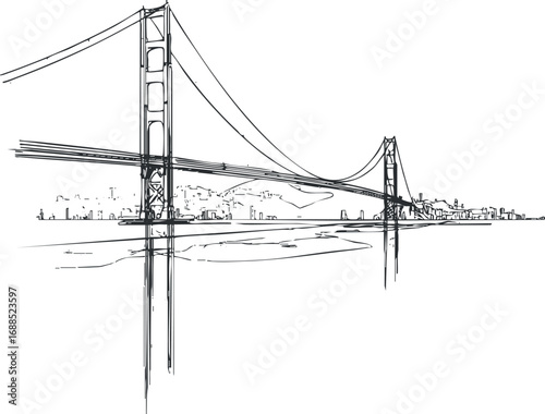 Black and white sketch of a suspension bridge spanning a river with a city skyline in the background