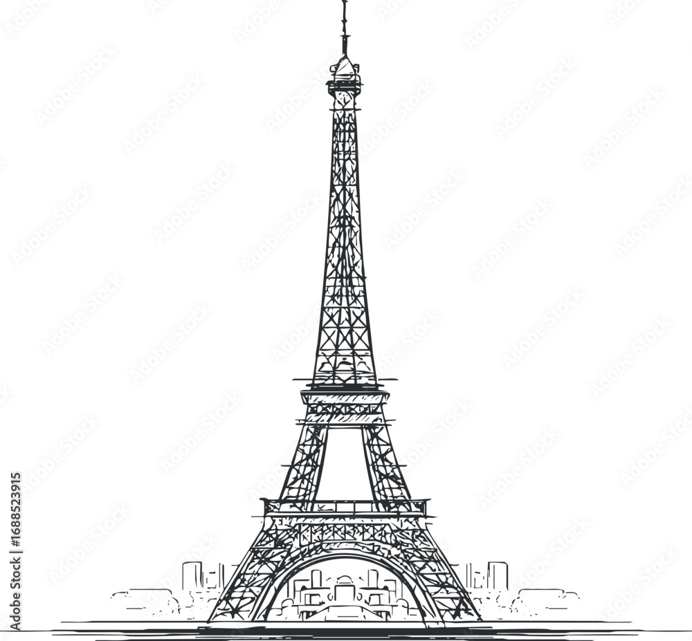Fototapeta premium Black and white sketch illustration of the Eiffel Tower landmark in Paris France symbolizing travel and architecture.