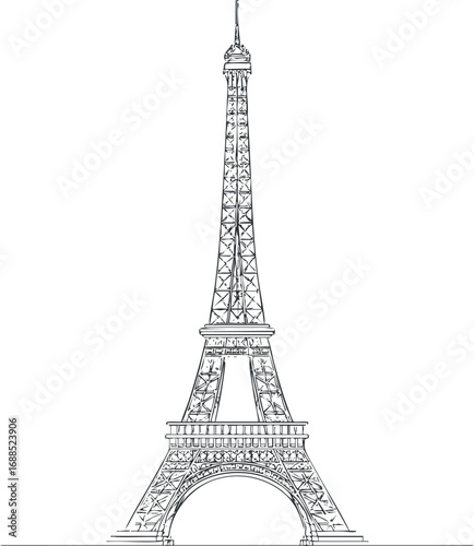 Black and white line drawing of the Eiffel Tower, a famous Paris landmark and iconic architectural structure