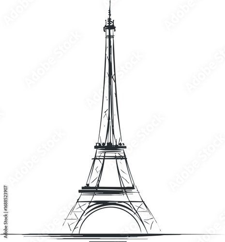 Black and white sketch illustration of the Eiffel Tower as a famous Paris landmark and travel icon