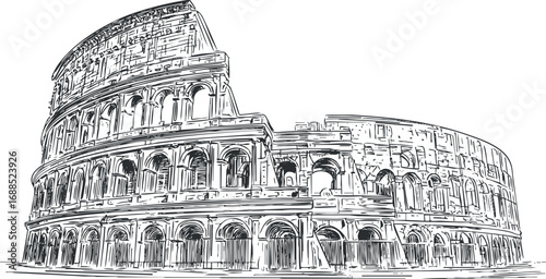 Black and white sketch of the ancient Colosseum amphitheater in Rome, Italy, showing detailed architecture and arches.