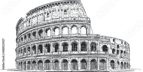 Detailed black and white sketch of the ancient Roman Colosseum, iconic amphitheater and historic landmark in Italy