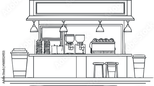 Minimalist line art illustration of coffee bar counter with espresso machine stools and takeaway cups