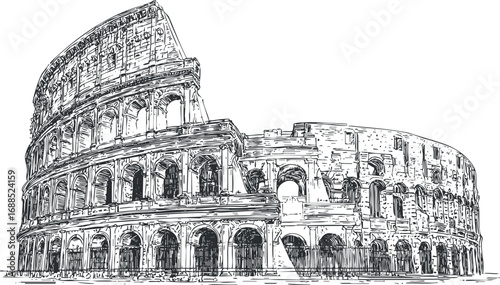 Black and white line drawing of the Colosseum in Rome showcasing its ancient architectural ruins and arches.