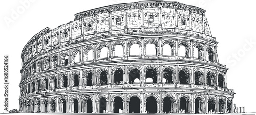 Black and white sketch of the Colosseum in Rome showing ancient Roman architecture and historic landmark