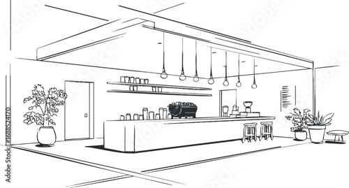 Minimalist modern coffee shop interior with bar counter, stools, hanging lights, and plants