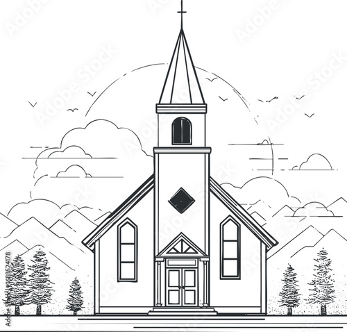 Black and white line drawing of a traditional church with steeple and cross in mountain landscape background