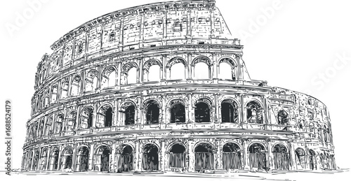 Detailed black and white sketch of the Colosseum ancient Roman amphitheater famous landmark in Rome Italy