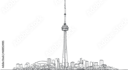 Black and white line drawing of a city skyline featuring a tall central tower and surrounding buildings