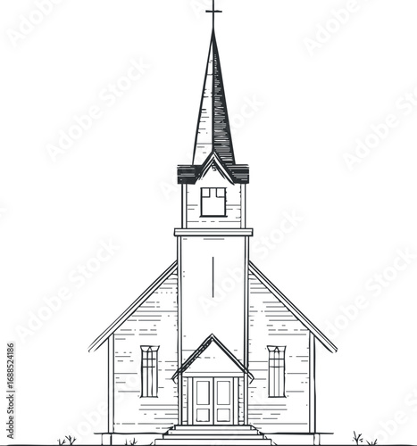 Front view of a traditional wooden church with a tall steeple and cross on top
