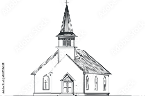 Black and white drawing of a traditional church building with steeple and cross on white background