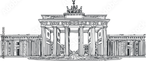 Detailed black and white line drawing of a famous historical gate with columns and sculptures, symbolizing a major European city and popular tourist landmark.
