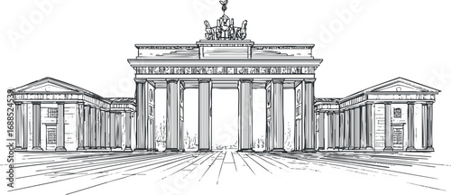 Black and white line drawing of the Brandenburg Gate in Berlin showing its classical columns and quadriga sculpture.