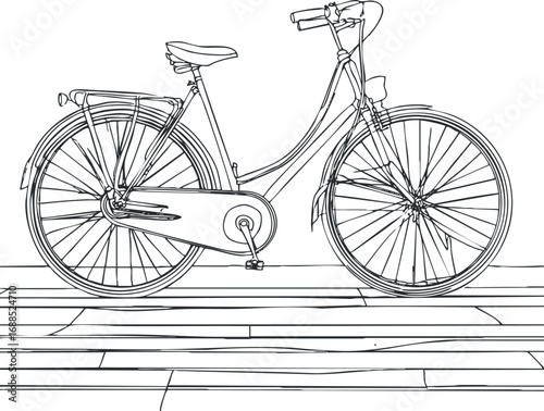 Black and white line art illustration of a classic bicycle with detailed frame and wheels on pavement