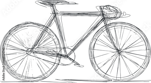Hand-drawn sketch of a racing road bicycle showing frame, wheels, handlebars, and pedals