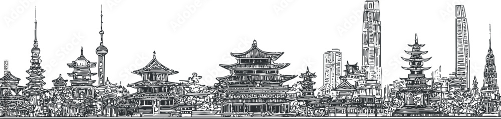 Fototapeta premium Black and white detailed line drawing of Shanghai city skyline featuring modern skyscrapers and traditional pagodas.