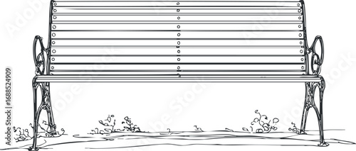 Black and white line drawing of a wooden and metal park bench with decorative armrests on simple ground with small plants.