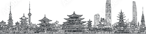 Black and white detailed line drawing of Shanghai city skyline featuring modern skyscrapers and traditional pagodas.