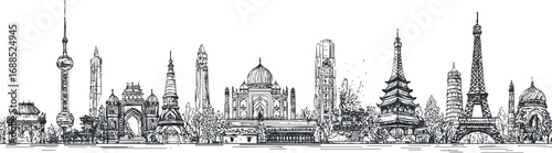 Black and white hand drawn sketch of famous world landmarks and city skyline in a panoramic view