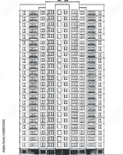 Architectural line drawing of a modern highrise apartment building facade with multiple balconies and windows