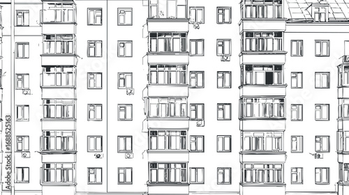 Black and white architectural sketch of a multi-story residential building facade with balconies and windows