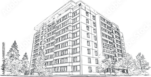 Black and white line art illustration of a multi-storey residential apartment building surrounded by trees