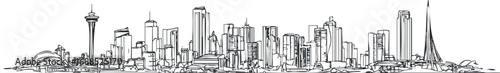 Black and white line drawing of a modern city skyline with various skyscrapers and towers