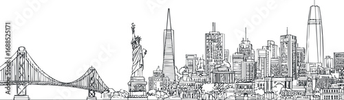 Black and white line drawing of a famous city skyline with bridge and statue landmarks in an urban setting