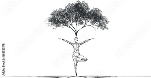Abstract black and white illustration of a person in tree yoga pose blending with a tree symbolizing balance and nature