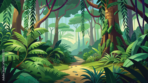 Lush tropical jungle landscape with palm trees against a summer sky