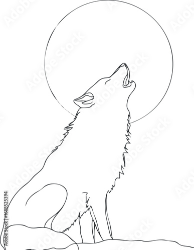 Line art illustration of a wolf howling in front of a full moon representing wildlife and nature themes
