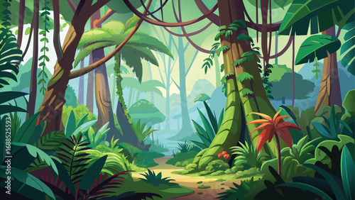 A beautiful tropical jungle background with lush green foliage and palm trees frames the serene blue sky