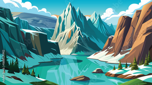 Vector illustration of a beautiful mountain landscape with a lake reflecting the majestic snow-capped peaks under a clear sky