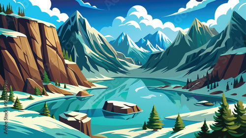 The summer sun shines brightly on a scenic Alaskan landscape, with a towering snow-capped mountain peak reflecting in a calm, green alpine lake