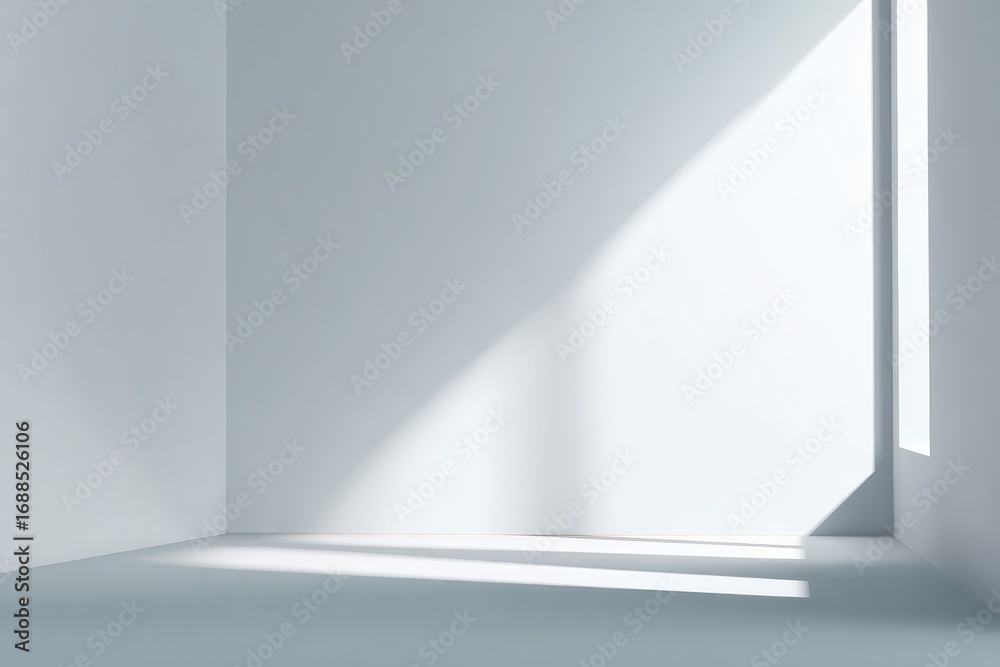 Fototapeta premium Bright room corner featuring light pouring in from a window. The minimal space has a sleek, modern aesthetic, and light creates sharp shadow contrasts