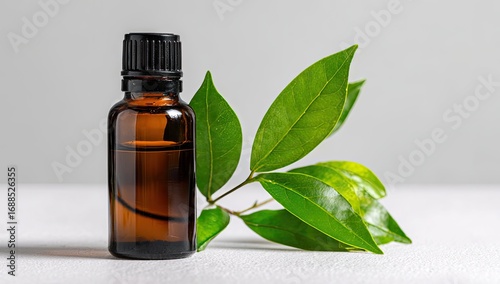 Amber bottle of essential oil beside fresh leaves