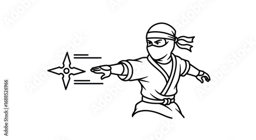 Line Art Illustration of a Ninja Throwing a Shuriken.