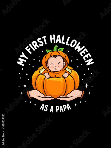 A cheerful cartoon boy in a jack-o'-lantern costume poses for a fun autumn holiday celebration