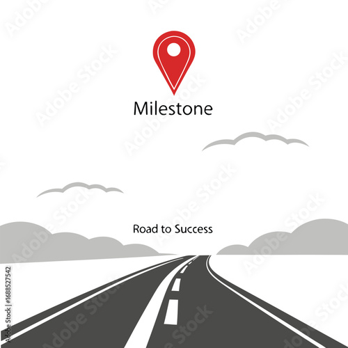 Minimalist vector illustration of a highway road leading forward with a red location pin labeled ‘Milestone’ at the top