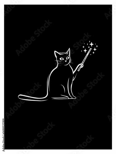 Mystical Feline: An artistic depiction of a magical cat, conjuring starlight with a wand. A bewitching illustration with a sense of fantasy and wonder.